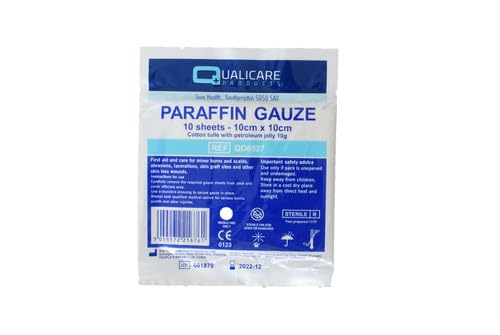 Qualicare Paraffin Gauze Dressings 10cm x 10cm - 10 Dressings for Burns, scalds, abrasions, lacerations etc.